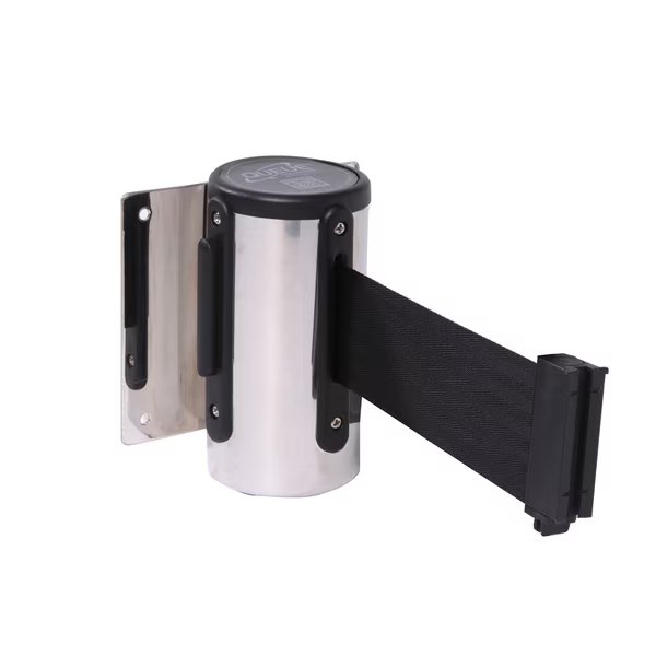 WallMaster 300, Plshd Chrome, 13' Ylw/Blk CAUTION-WET FLOOR Belt, Queue Solutions, Mfr#: WM300PC-YBCWF130